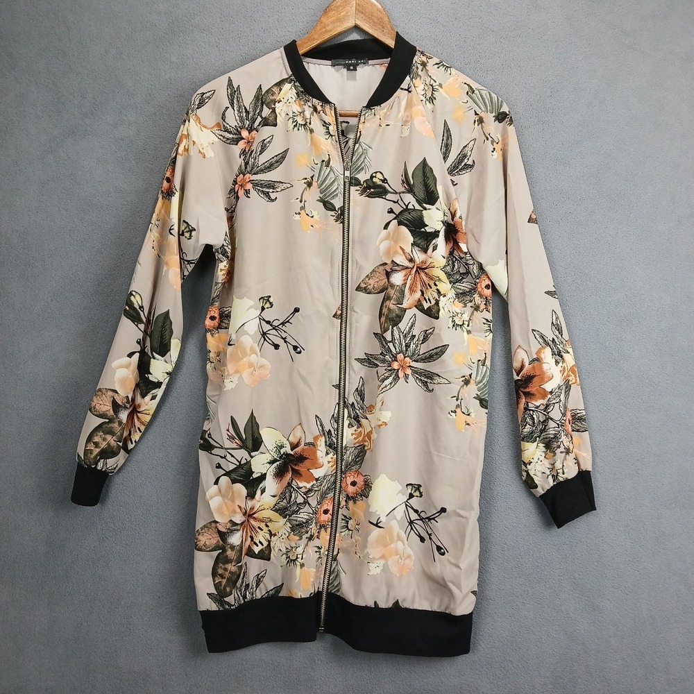 West Kei Longline Bomber Jacket Womens Small Beige Floral Print Full Zip Winter